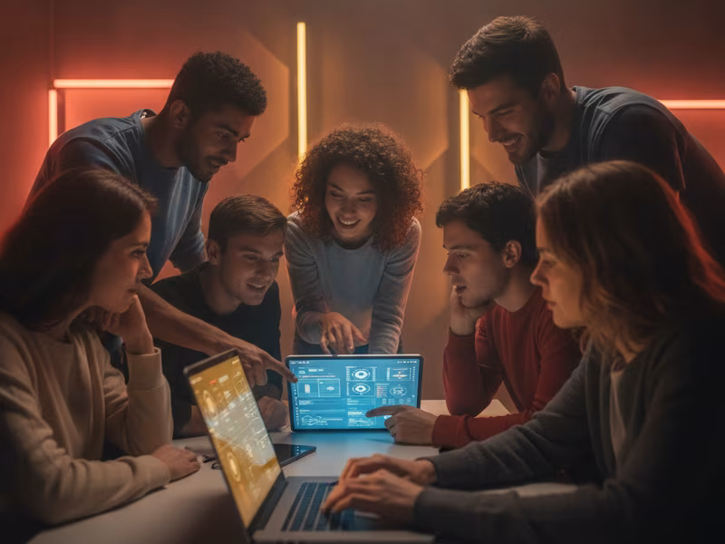 Football fans and analysts reviewing match data together